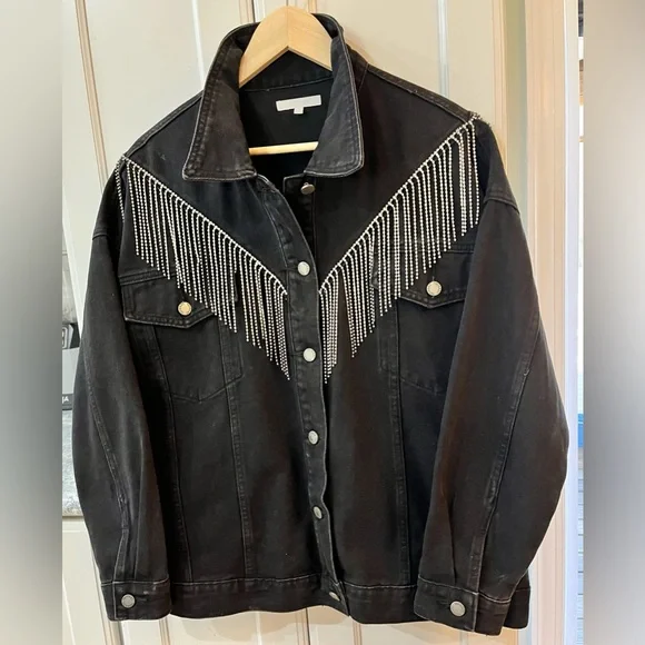 Cowgirl Rhinestone Fringe Black Denim Jacket, VEVERET sz 18. Trucker Glam Biker - Picture 3 of 11